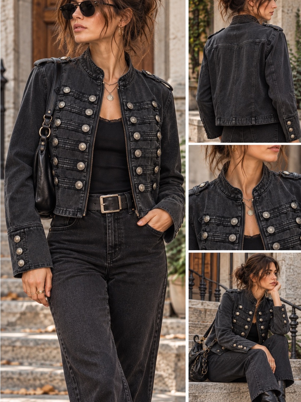 Black Denim Military Band Hussar Jacket L Gothic Punk Indie Sleaze